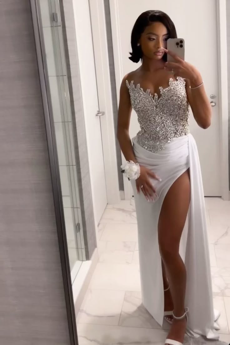 Gorgeous Long White A-Line Formal Prom Dresses With Slit
