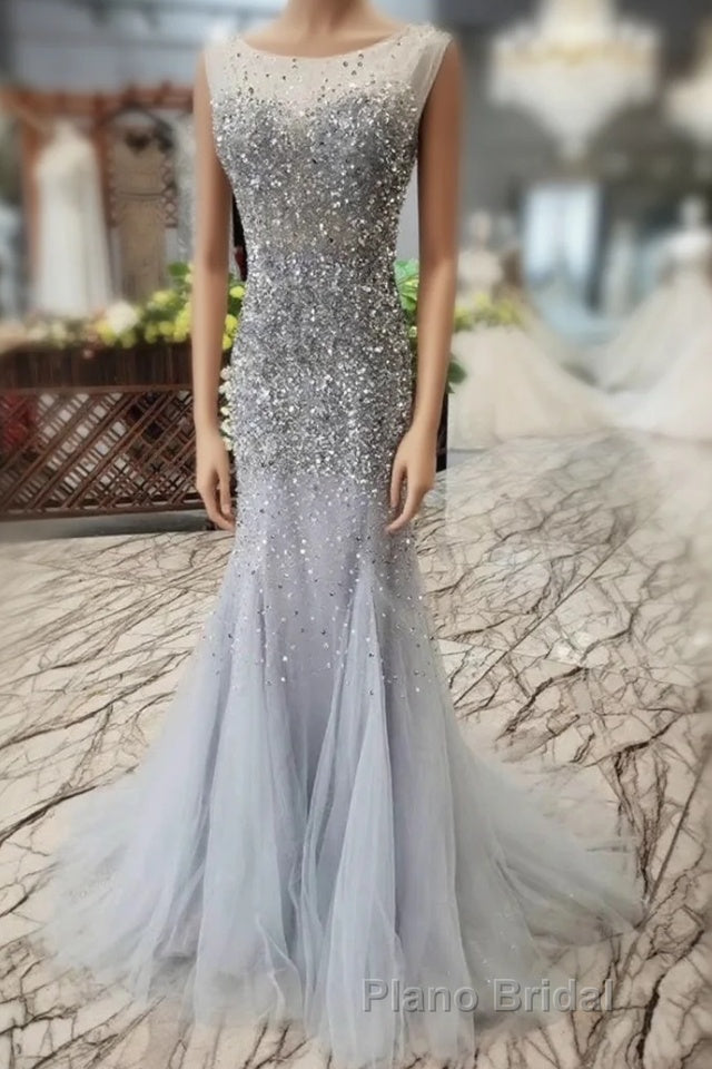 Gorgeous Mermaid Backless Silver Grey Sequins Formal Prom Dress, Mermaid Silver Grey Formal Dress, Shiny Silver Grey Evening Dress