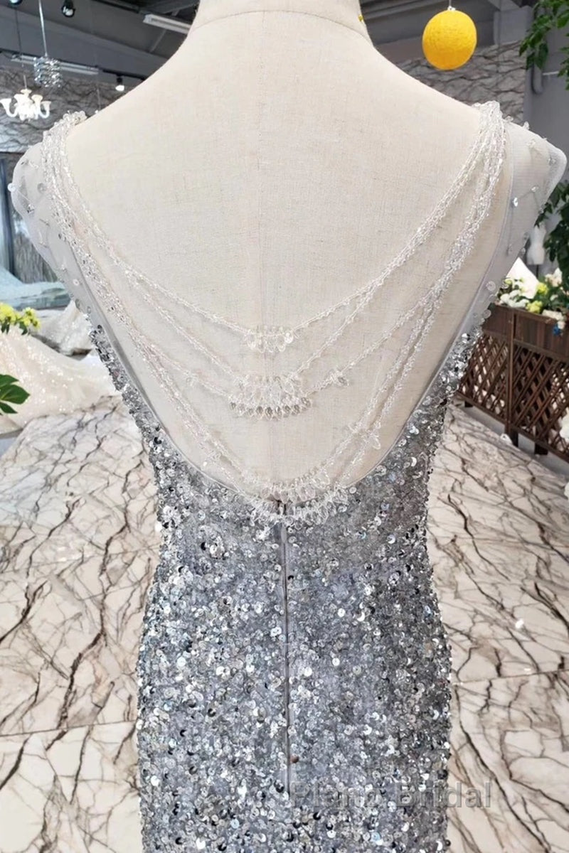 Gorgeous Mermaid Backless Silver Grey Sequins Formal Prom Dress, Mermaid Silver Grey Formal Dress, Shiny Silver Grey Evening Dress