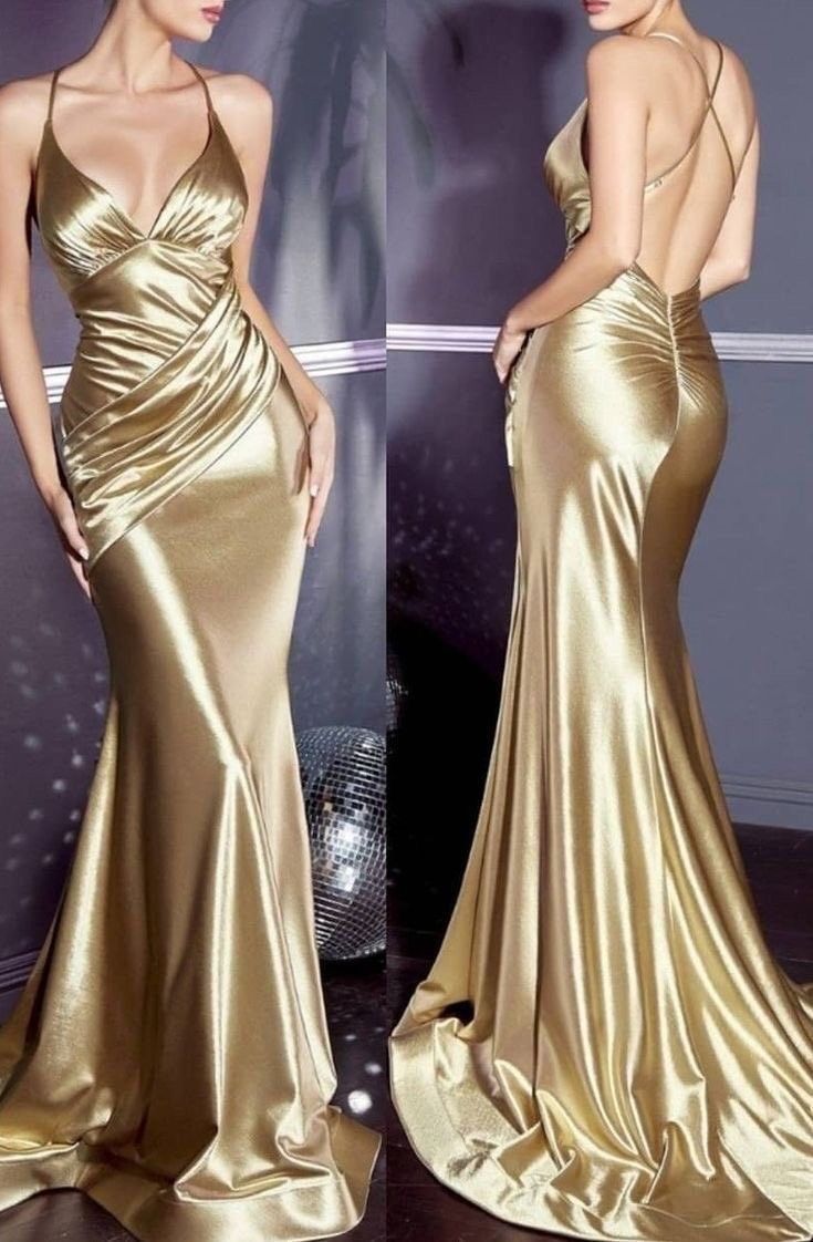 Gorgeous Mermaid Halter Floor Length Gold Satin Formal Evening Dresses Formal Prom Dresses