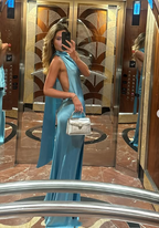 Gorgeous Mermaid Halter Satin Long Party Dresses Blue Backless Formal Prom Dresses