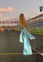 Gorgeous Mermaid Halter Satin Long Party Dresses Blue Backless Formal Prom Dresses