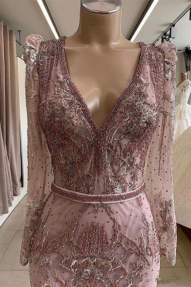 Gorgeous Mermaid Lace Beading V-Neck Long Sleevess Prom Dresses Evening Gowns With Beading Waistband Secondary image