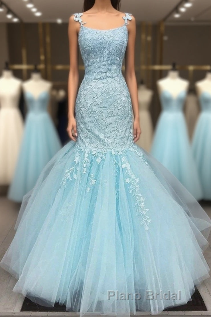 Gorgeous Mermaid Light Blue Lace Long Formal Prom Dresses, Light Blue Mermaid Lace Formal Dresses, Mermaid Lace Evening Dresses Main image