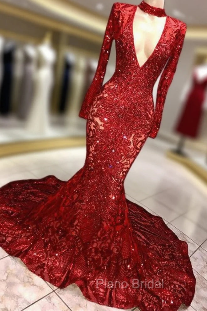 Gorgeous Mermaid Long Sleevess Deep V-neck Lace Applique Formal Prom Dresses Main image