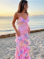 Gorgeous Mermaid Spaghetti Straps Floor Length Floral Yellow Chiffon Formal Evening Dresses Formal Prom Dresses