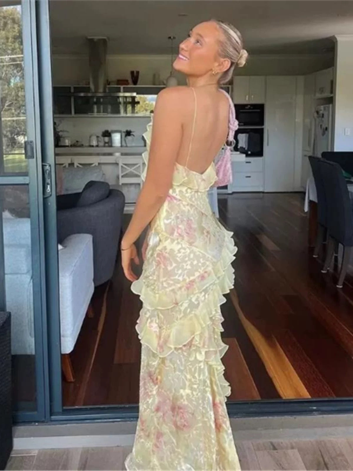 Gorgeous Mermaid Spaghetti Straps Floor Length Floral Yellow Chiffon Formal Evening Dresses Formal Prom Dresses