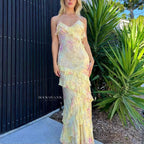 Gorgeous Mermaid Spaghetti Straps Floor Length Floral Yellow Chiffon Formal Evening Dresses Formal Prom Dresses