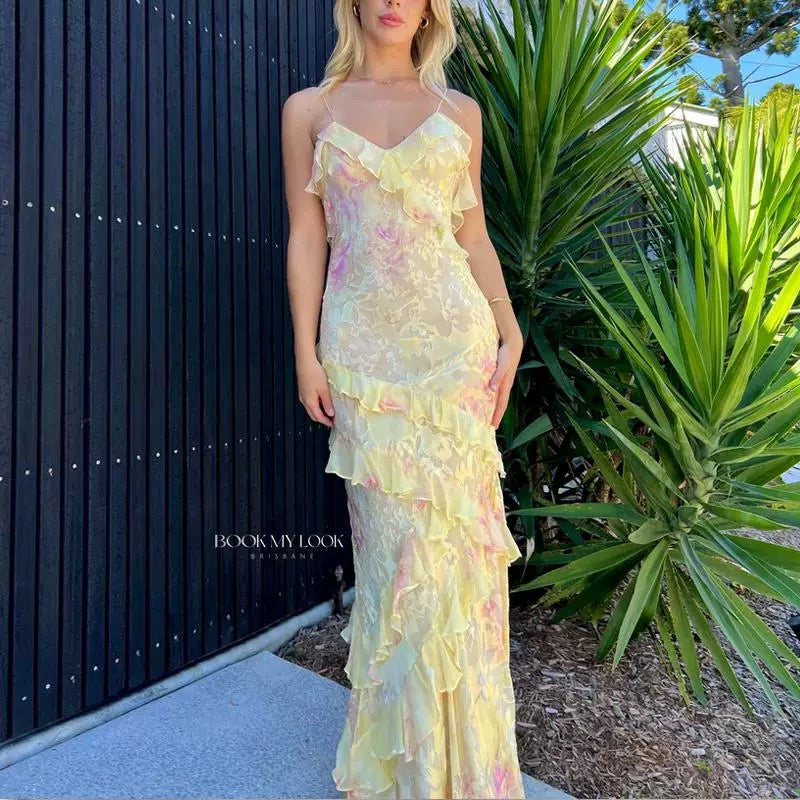 Gorgeous Mermaid Spaghetti Straps Floor Length Floral Yellow Chiffon Formal Evening Dresses Formal Prom Dresses