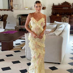 Gorgeous Mermaid Spaghetti Straps Floor Length Floral Yellow Chiffon Formal Evening Dresses Formal Prom Dresses