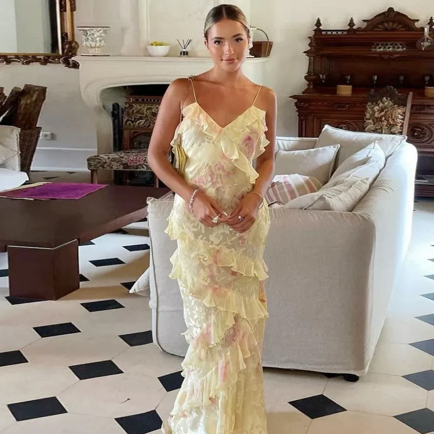 Gorgeous Mermaid Spaghetti Straps Floor Length Floral Yellow Chiffon Formal Evening Dresses Formal Prom Dresses