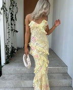 Gorgeous Mermaid Spaghetti Straps Floor Length Floral Yellow Chiffon Formal Evening Dresses Formal Prom Dresses