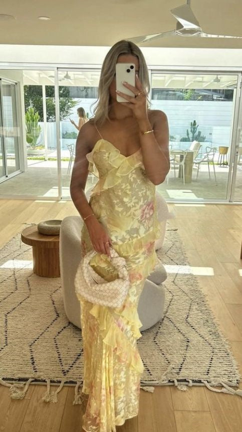 Gorgeous Mermaid Spaghetti Straps Floor Length Floral Yellow Chiffon Formal Evening Dresses Formal Prom Dresses Main image