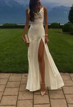 Gorgeous Mermaid Spaghetti Straps Floor-Length White Slit Formal Evening Dresses Formal Prom Dresses