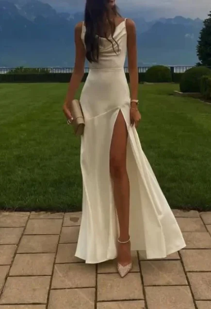 Gorgeous Mermaid Spaghetti Straps Floor-Length White Slit Formal Evening Dresses Formal Prom Dresses