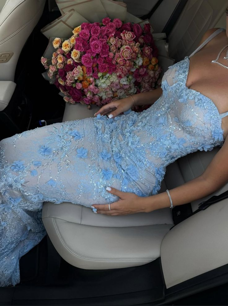Gorgeous Mermaid Spaghetti Straps Satin Applique Long Formal Prom Dresses,Formal Dresses
