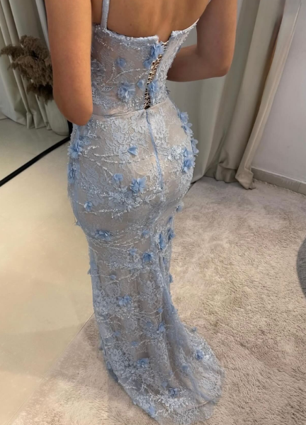 Gorgeous Mermaid Spaghetti Straps Satin Applique Long Formal Prom Dresses,Formal Dresses