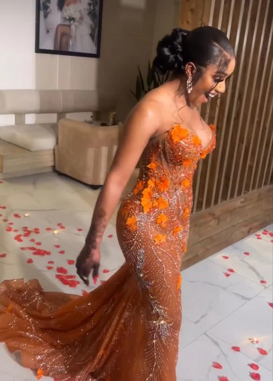 Gorgeous Mermaid Strapless Floor Length Orange Lace Sequin Formal Evening Dresses Formal Prom Dresses Secondary image