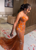 Gorgeous Mermaid Strapless Floor Length Orange Lace Sequin Formal Evening Dresses Formal Prom Dresses