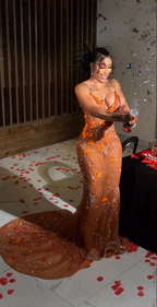 Gorgeous Mermaid Strapless Floor Length Orange Lace Sequin Formal Evening Dresses Formal Prom Dresses