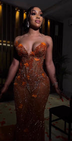 Gorgeous Mermaid Strapless Floor Length Orange Lace Sequin Formal Evening Dresses Formal Prom Dresses