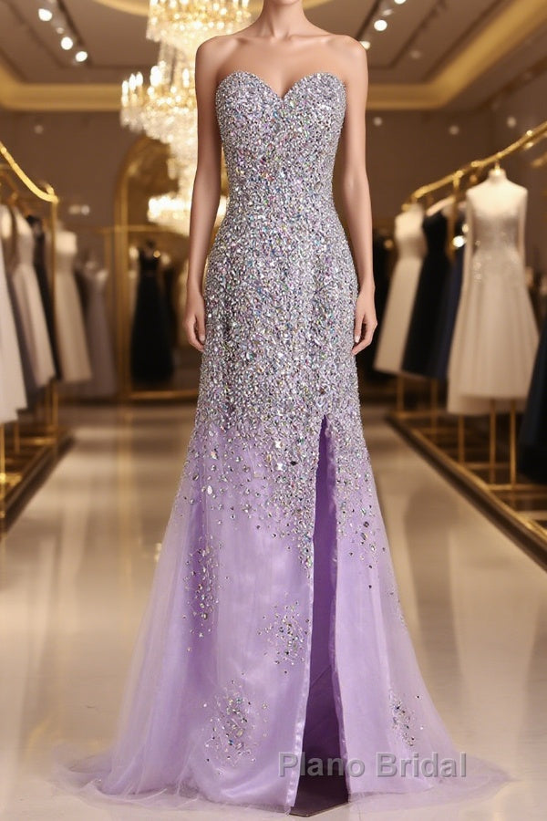 Gorgeous Mermaid Strapless Purple Beaded Long Formal Prom Dresses, Mermaid Purple Beaded Formal Evening Dresses, Purple Ball Gown Main image