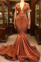Gorgeous Mermaid V-neck Long Sleevess Formal Prom Dresses