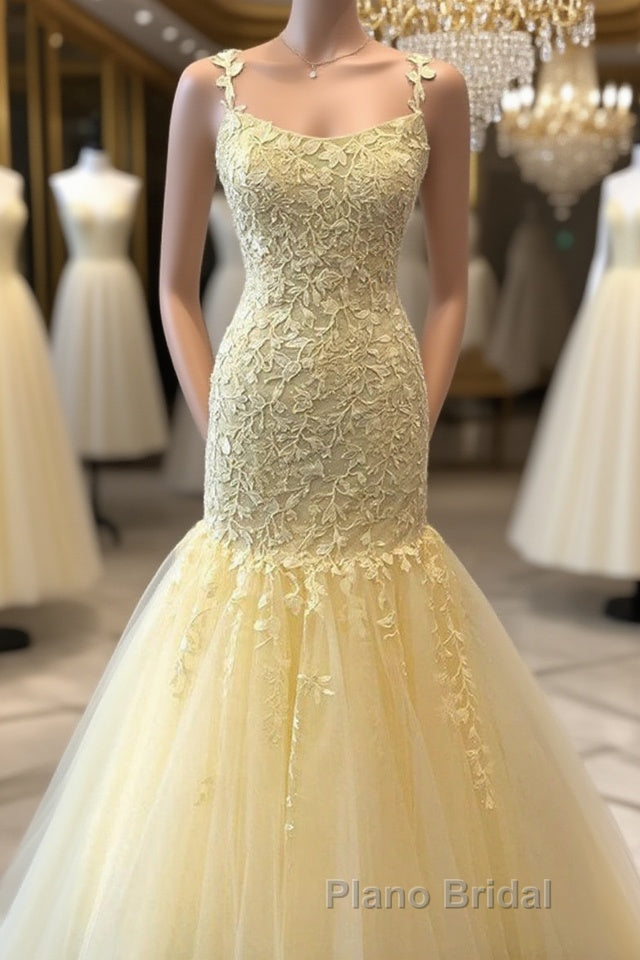Gorgeous Mermaid Yellow Lace Long Formal Prom Dress, Mermaid Yellow Formal Dress, Yellow Lace Evening Dress Main image