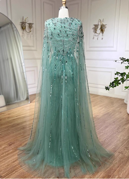 Gorgeous Mint Green Deep V Cape Beaded Sequin Tulle Long Formal Prom Dresses Secondary image