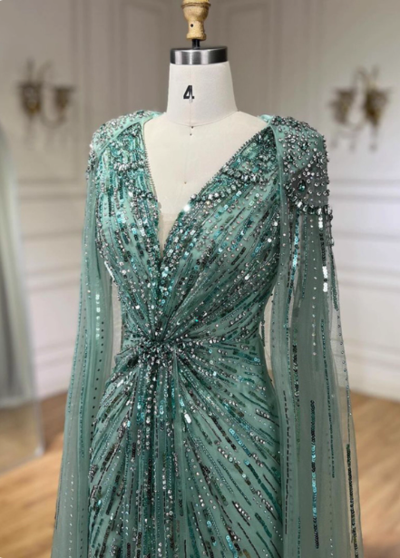 Gorgeous Mint Green Deep V Cape Beaded Sequin Tulle Long Formal Prom Dresses