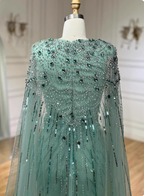Gorgeous Mint Green Deep V Cape Beaded Sequin Tulle Long Formal Prom Dresses
