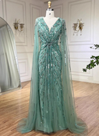 Gorgeous Mint Green Deep V Cape Beaded Sequin Tulle Long Formal Prom Dresses