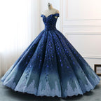 Gorgeous Navy Blue Lace Applique Off Shoulder A-line Ball Gown-Lace-Up Princess Formal Prom Dresses