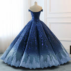 Gorgeous Navy Blue Lace Applique Off Shoulder A-line Ball Gown-Lace-Up Princess Formal Prom Dresses