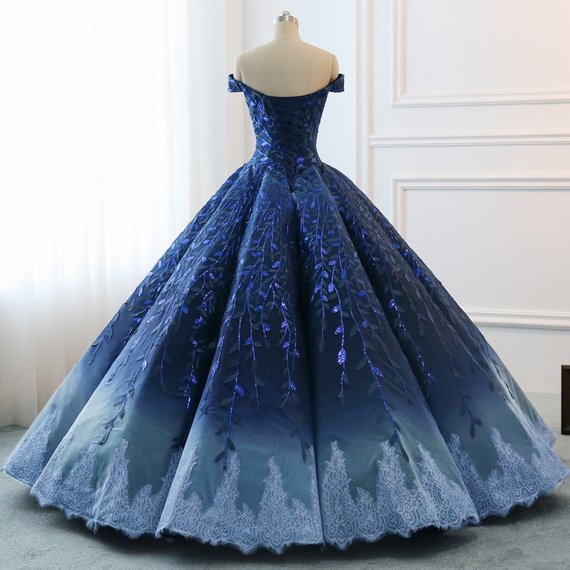 Gorgeous Navy Blue Lace Applique Off Shoulder A-line Ball Gown-Lace-Up Princess Formal Prom Dresses