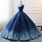 Gorgeous Navy Blue Lace Applique Off Shoulder A-line Ball Gown-Lace-Up Princess Formal Prom Dresses