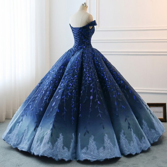 Gorgeous Navy Blue Lace Applique Off Shoulder A-line Ball Gown-Lace-Up Princess Formal Prom Dresses