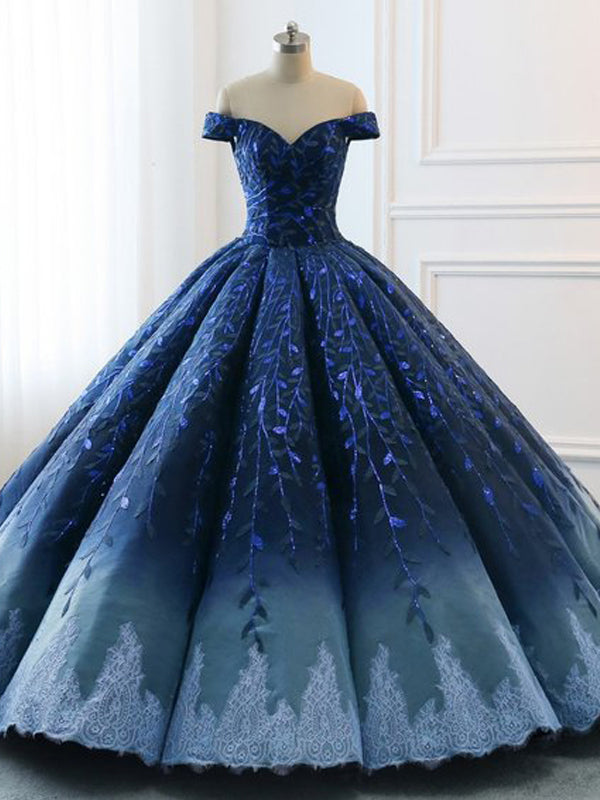 Gorgeous Navy Blue Lace Applique Off Shoulder A-line Ball Gown-Lace-Up Princess Formal Prom Dresses Main image