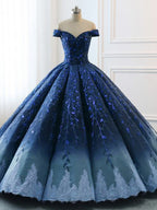 Gorgeous Navy Blue Lace Applique Off Shoulder A-line Ball Gown-Lace-Up Princess Formal Prom Dresses