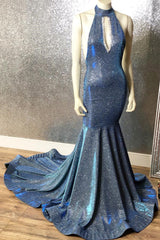 Gorgeous Navy Blue Long Mermaid V-Neck Prom Dress Spaghetti-Straps