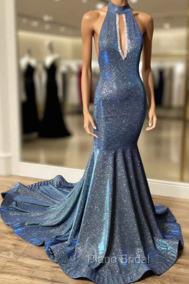 Gorgeous Navy Blue Long Mermaid V-Neck Formal Prom Dresses Spaghetti-Straps Main image