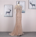 Gorgeous Nude Pink Mermaid Crew Neck Fringed Sleeve Beaded Tulle Train Formal Prom Dresses