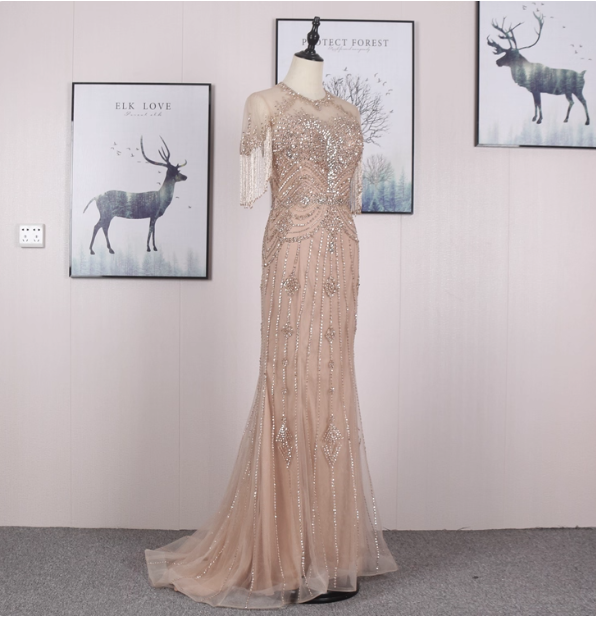 Gorgeous Nude Pink Mermaid Crew Neck Fringed Sleeve Beaded Tulle Train Formal Prom Dresses