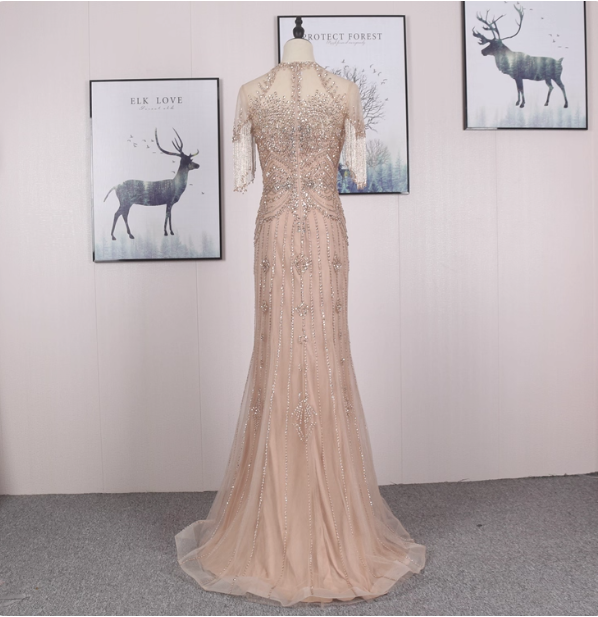 Gorgeous Nude Pink Mermaid Crew Neck Fringed Sleeve Beaded Tulle Train Formal Prom Dresses