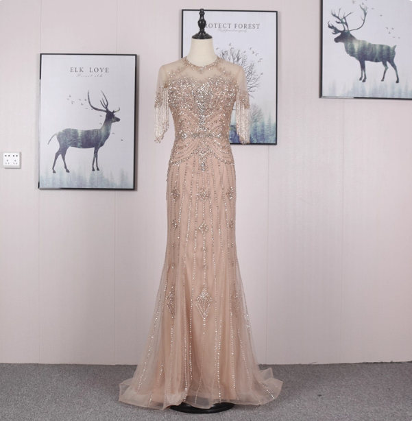 Gorgeous Nude Pink Mermaid Crew Neck Fringed Sleeve Beaded Tulle Train Formal Prom Dresses