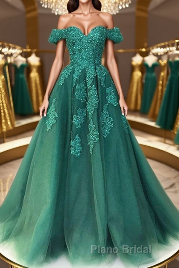 Gorgeous Off Shoulder Green Lace Long Formal Prom Dresses, Green Lace Formal Evening Dresses, Green Ball Gown