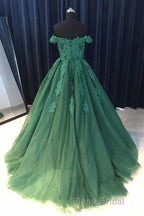 Gorgeous Off Shoulder Green Lace Long Formal Prom Dresses, Green Lace Formal Evening Dresses, Green Ball Gown