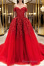 Gorgeous Off Shoulder Red Lace Long Formal Prom Dresses, Red Lace Formal Evening Dresses, Red Ball Gown