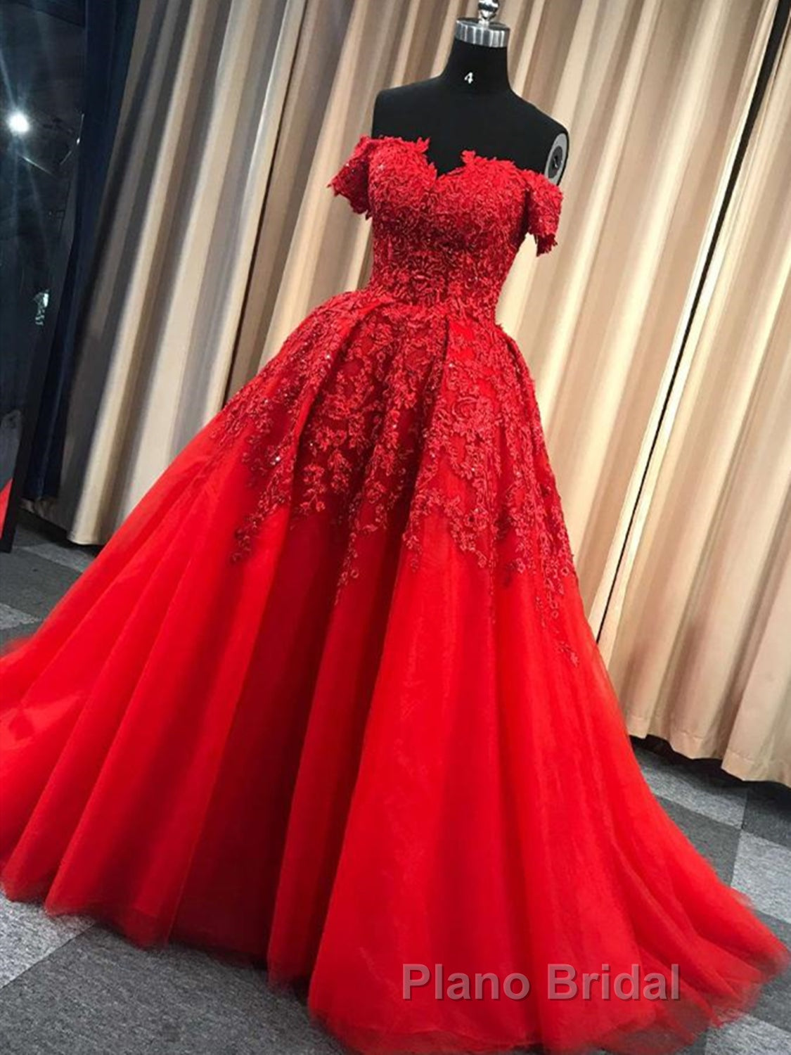 Gorgeous Off Shoulder Red Lace Long Formal Prom Dresses, Red Lace Formal Evening Dresses, Red Ball Gown
