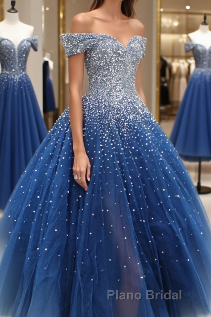 Gorgeous Off Shoulder Sequins Blue Long Formal Prom Dress, Shiny Sequins Blue Formal Evening Dress, Blue Ball Gown Main image